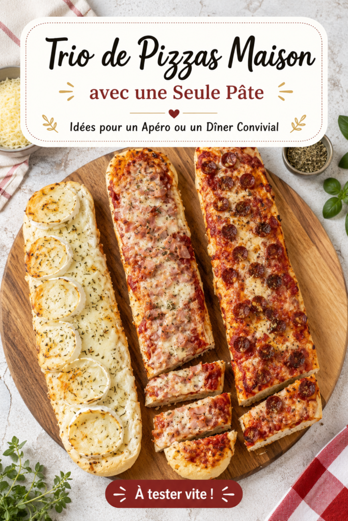 Trio de pizzas maison garnies de produits frais sur une table