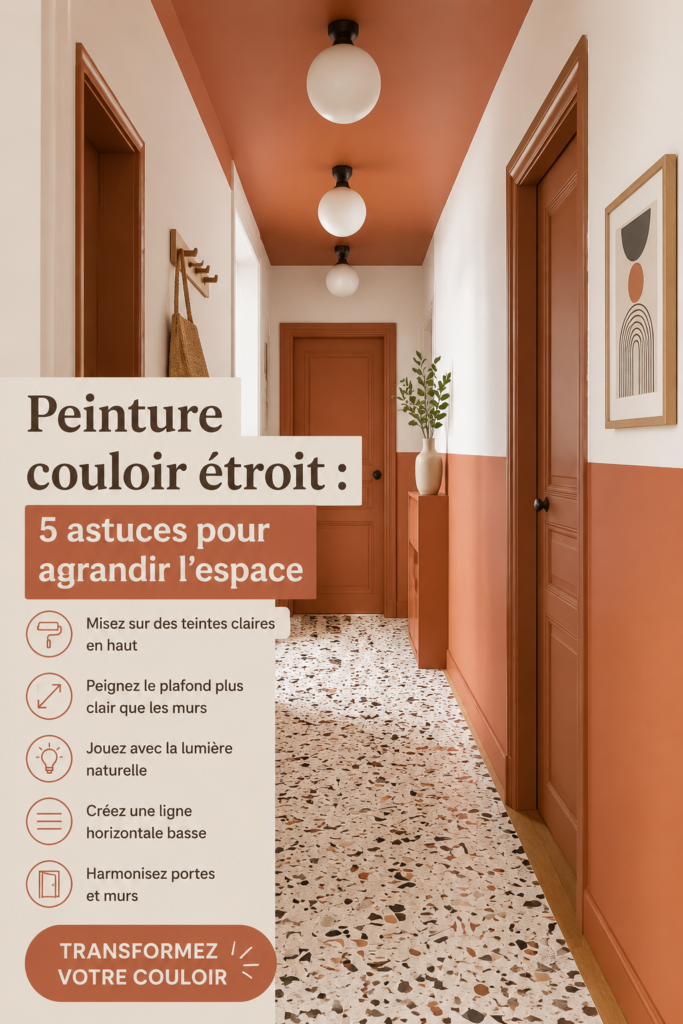 Un couloir étroit joliment peint en couleurs claires pour agrandir l'espace.