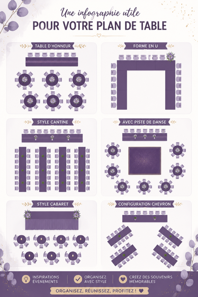 Infographie sur un plan de table harmonieux avec des conseils pratiques.
