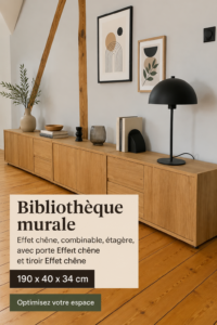 Bibliothèque murale effet chêne, élégante et combinable, idéale pour organiser vos livres.