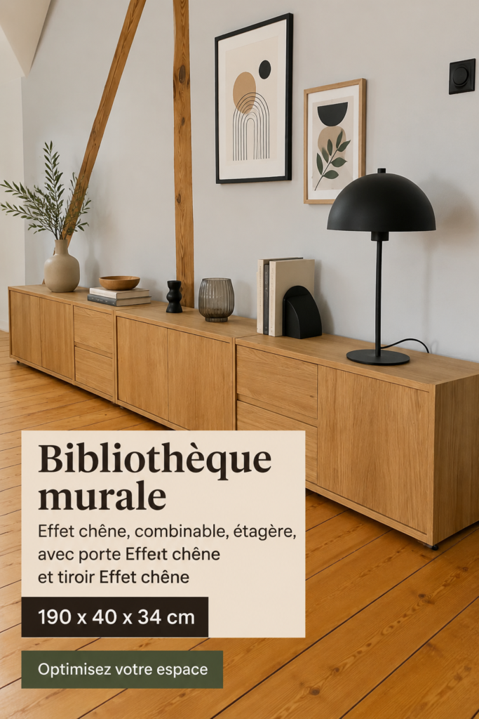 Bibliothèque murale effet chêne, élégante et combinable, idéale pour organiser vos livres.