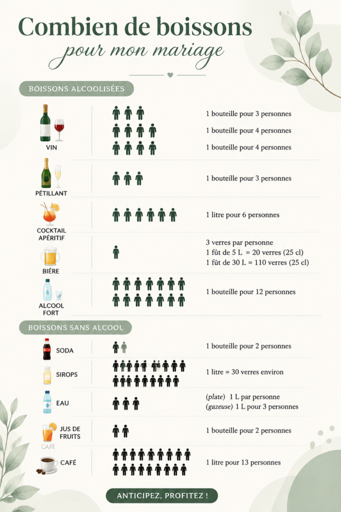 Sélection de boissons pour un mariage, incluant cocktails, jus et sodas.