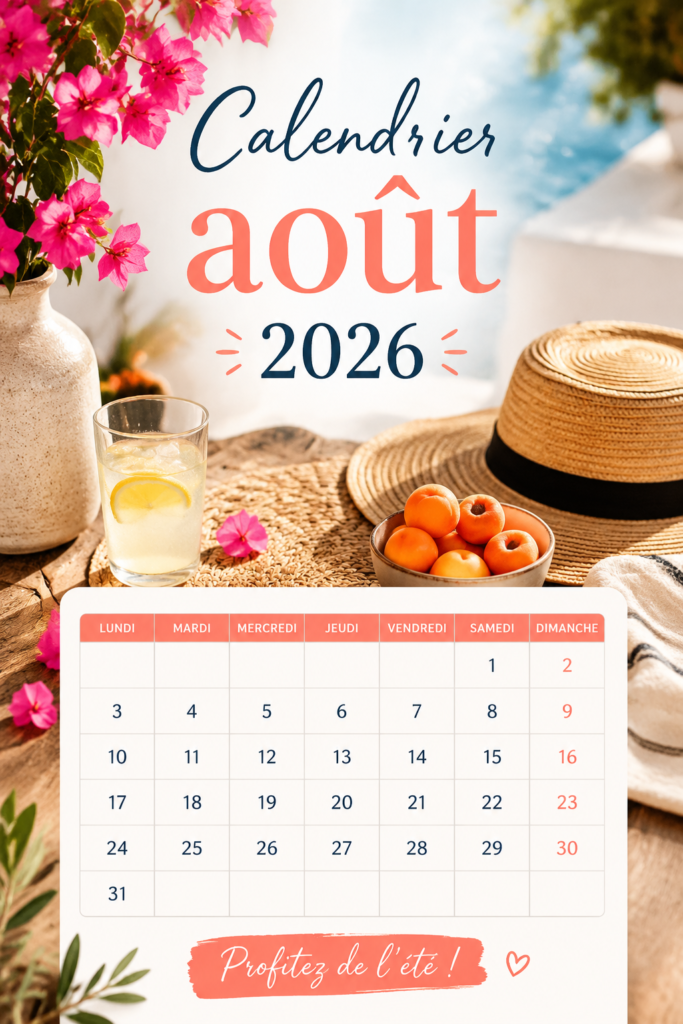 Calendrier d'août 2026 prêt à imprimer avec des dates et des espaces pour notes.