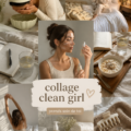 Un collage stylisé représentant l'esthétique clean girl avec des couleurs douces et des éléments épurés.