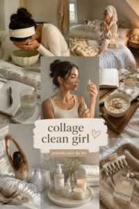Un collage stylisé représentant l'esthétique clean girl avec des couleurs douces et des éléments épurés.