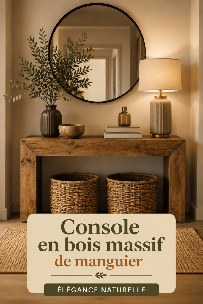 Console en bois massif de manguier avec décorations sur le dessus, apportant une ambiance chaleureuse à un intérieur.