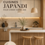 Cuisine Japandi moderne avec un décor épuré et des matériaux naturels.