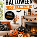 Maison décorée pour Halloween avec des citrouilles et des guirlandes