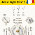 Table élégamment dressée à la française avec des assiettes et des verres raffinés.