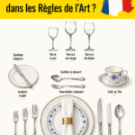 Table élégamment dressée à la française avec des assiettes et des verres raffinés.