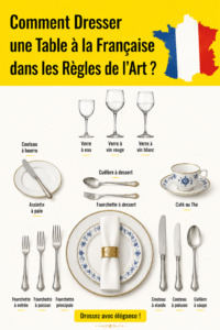 Table élégamment dressée à la française avec des assiettes et des verres raffinés.