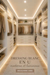 Dressing moderne en U avec finition blanche et éclairage lumineux