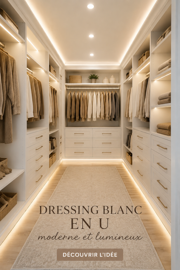 Dressing moderne en U avec finition blanche et éclairage lumineux