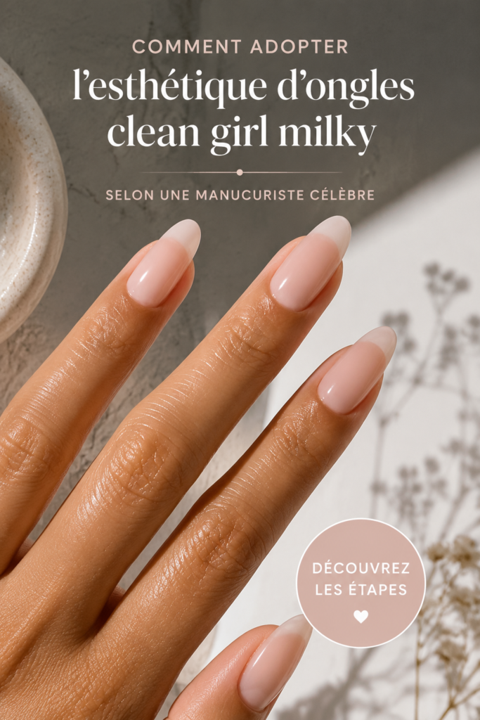 Manucure laiteuse avec un résultat propre et soigné sur des ongles naturels.
