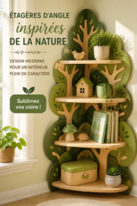 Étagères en bois modernes dans un coin lumineux, inspirées de la nature