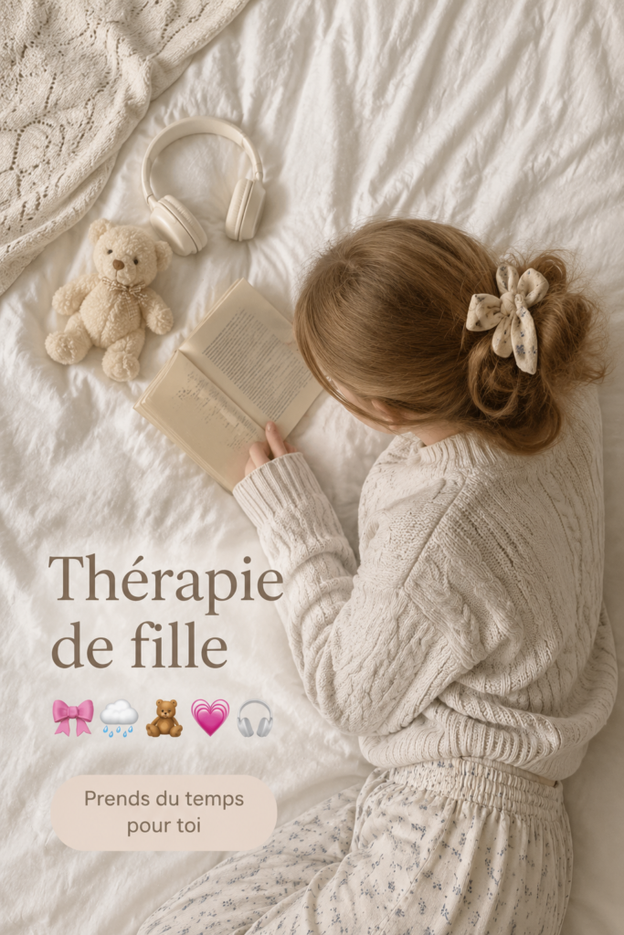 Femme créant un espace de girl therapy chez elle avec des objets apaisants et décoratifs