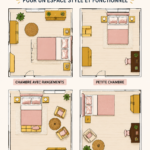 Une chambre élégante avec un agencement moderne, mélange de couleurs douces et de mobilier fonctionnel.