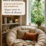 Coin lecture cosy avec fauteuil confortable et étagère remplie de livres