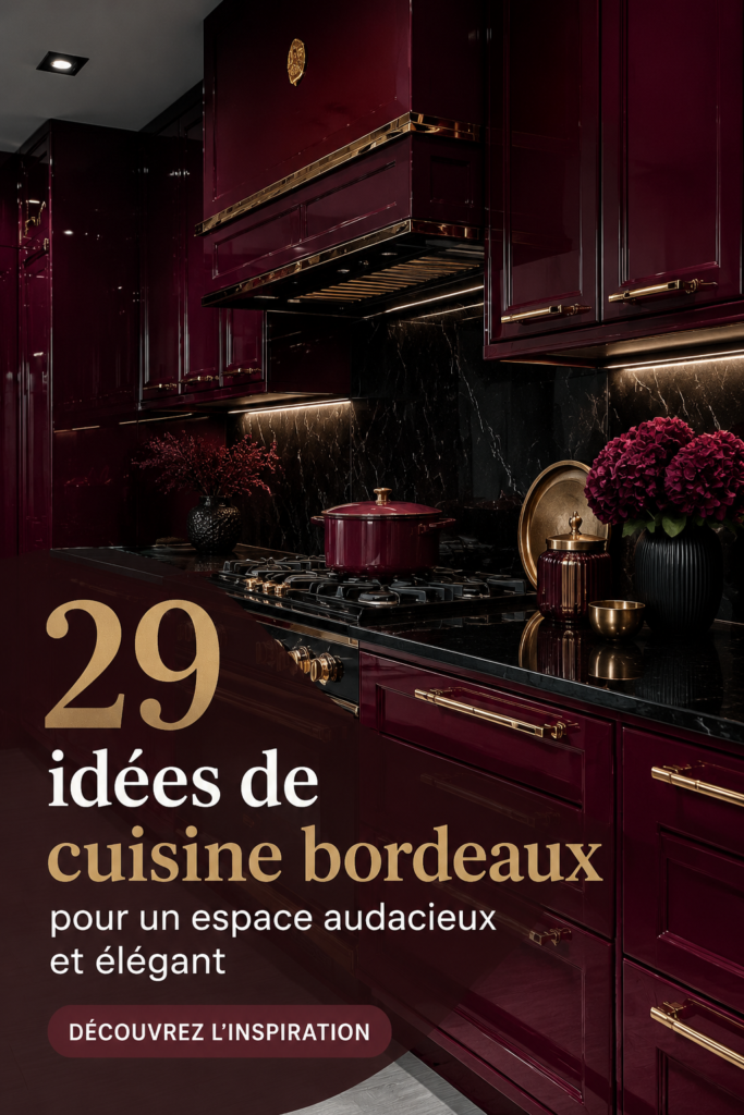 Cuisine moderne avec des meubles bordeaux, créant une ambiance chaleureuse et élégante.