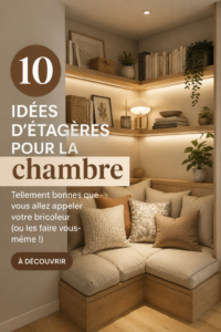 Une chambre moderne avec des étagères stylisées et un rangement organisé.