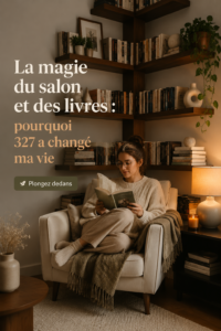 Un salon cosy avec des livres sur une étagère en bois et une lumière douce.
