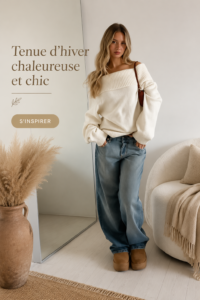 Femme vêtue d'un pull en cachemire et d'un manteau chic pour un look d'hiver cosy