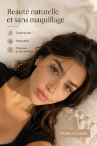 Femme au look naturel avec peau éclatante, sans maquillage.