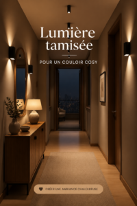 Couloir décoré avec une lumière tamisée créant une ambiance cosy.