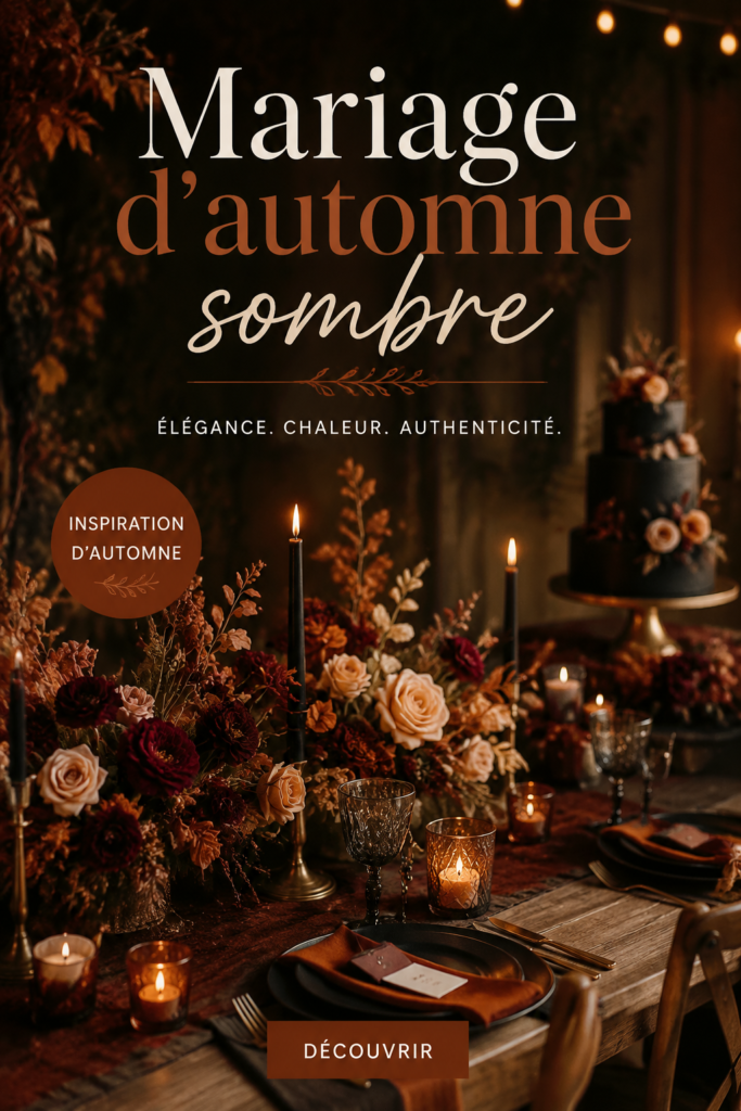Mariage d'automne élégant avec des tons sombres et des décorations chaleureuses.