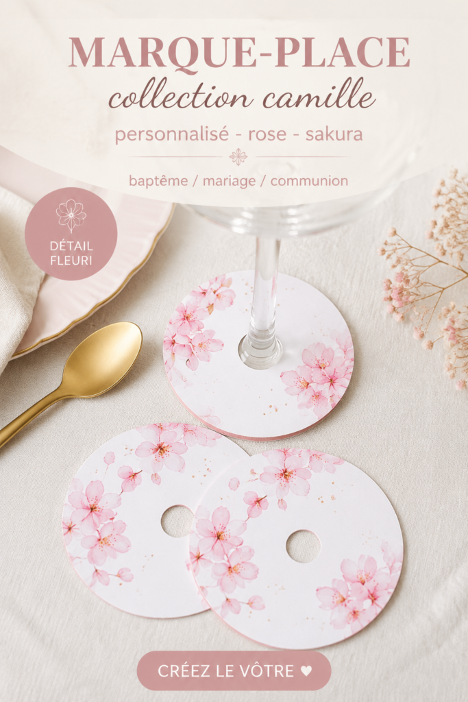 Marque-place personnalisé en rose pour un baptême élégant