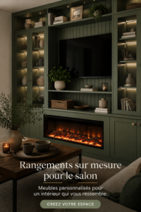 Un salon moderne avec du mobilier sur mesure et un rangement optimal.