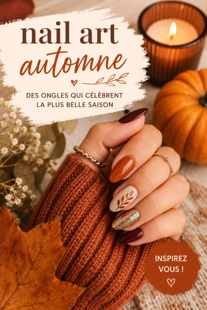 Nail art automnal avec des teintes chaleureuses et motifs naturels sur des ongles bien entretenus.