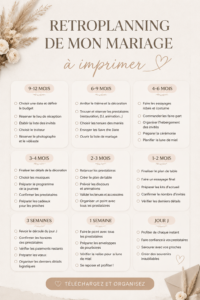 Un beau rétroplanning de mariage à imprimer avec des étapes détaillées.