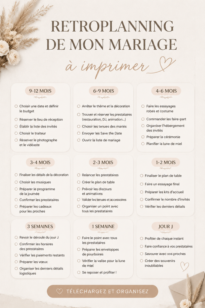Un beau rétroplanning de mariage à imprimer avec des étapes détaillées.