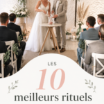 Un couple heureux lors d'une cérémonie laïque entouré de leurs proches.