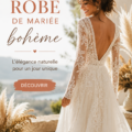 Une femme portant une robe de mariée bohème élégante au milieu d'un paysage naturel.