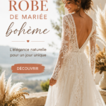Une femme portant une robe de mariée bohème élégante au milieu d'un paysage naturel.