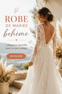 Une femme portant une robe de mariée bohème élégante au milieu d'un paysage naturel.