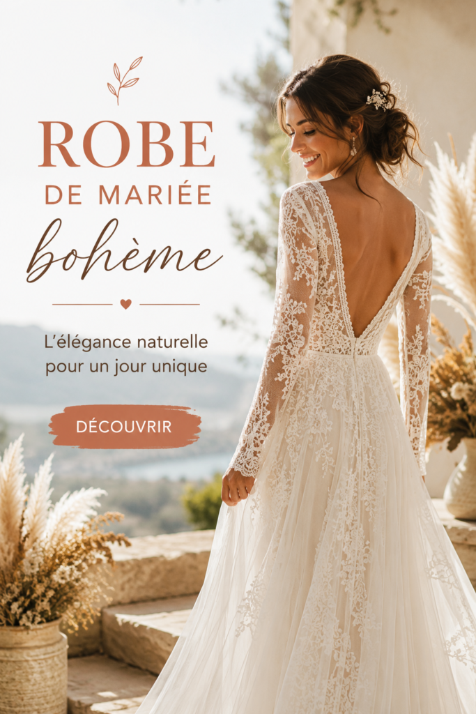 Une femme portant une robe de mariée bohème élégante au milieu d'un paysage naturel.