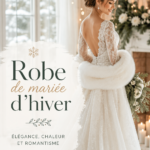 Robe de mariée d'hiver élégante en satin avec des détails floraux.