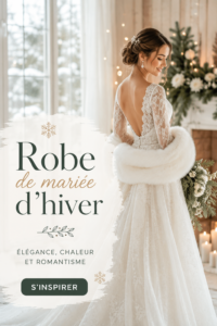 Robe de mariée d'hiver élégante en satin avec des détails floraux.
