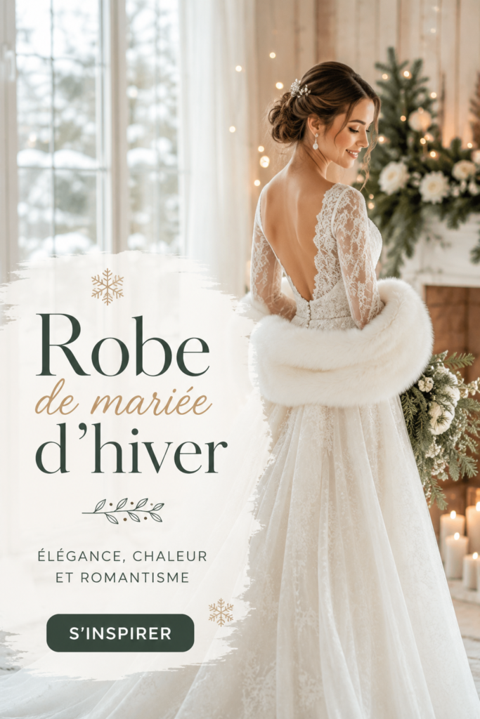 Robe de mariée d'hiver élégante en satin avec des détails floraux.