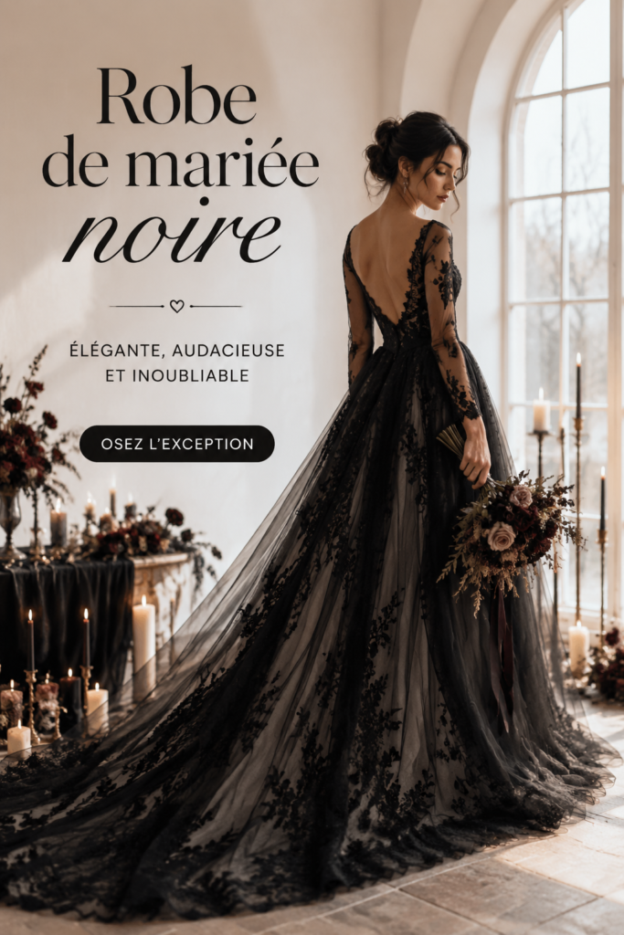 Robe de mariée noire élégante drapée avec des détails en dentelle