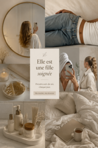 Femme appliquant un soin sur son visage, illustrant une routine beauté efficace.