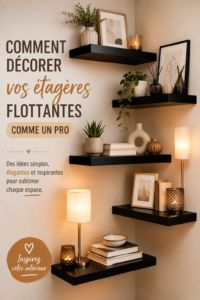 Décoration d'étagères flottantes élégamment stylisées dans un intérieur moderne.