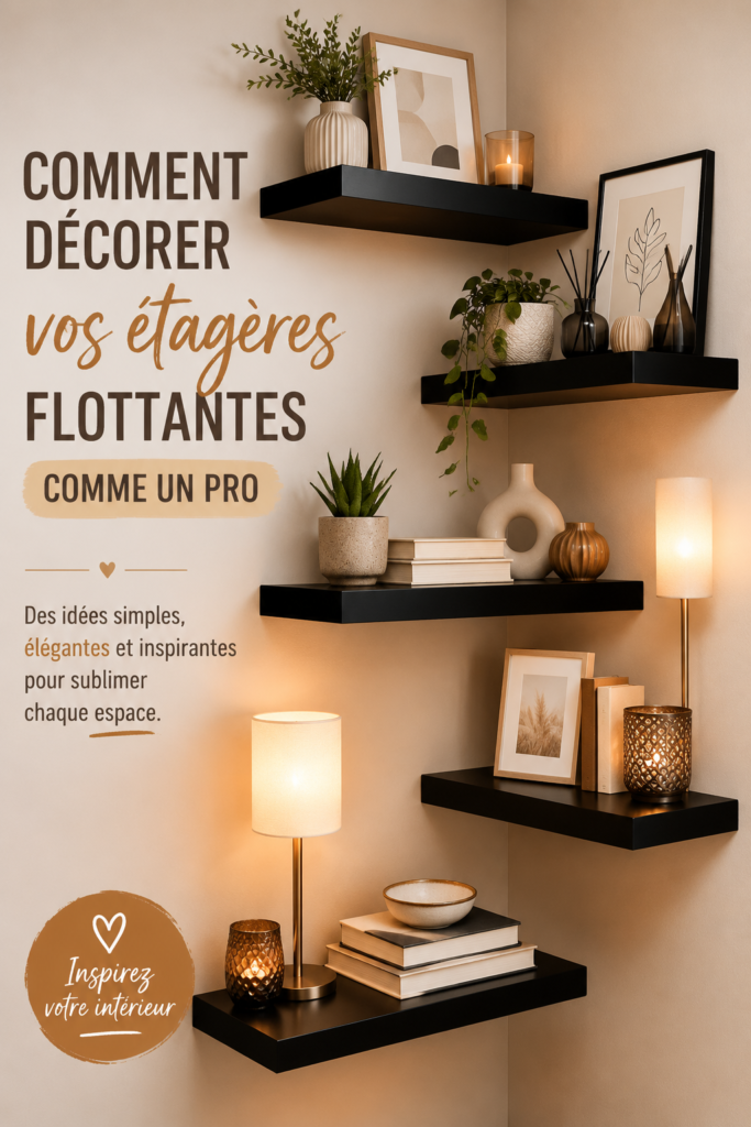 Décoration d'étagères flottantes élégamment stylisées dans un intérieur moderne.