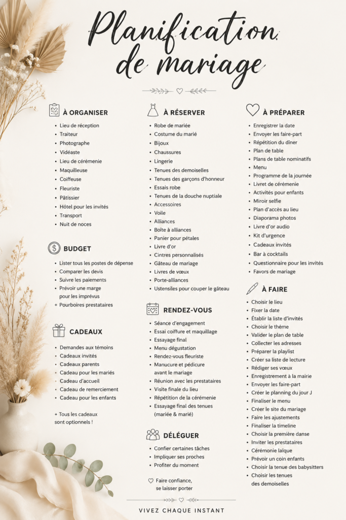 Exemple d'un tableau de planification de mariage avec des images et des notes.