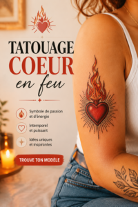 Tatouage élégant d'un cœur en feu sur le bras d'une femme.