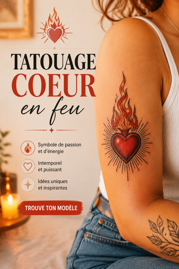 Tatouage élégant d'un cœur en feu sur le bras d'une femme.