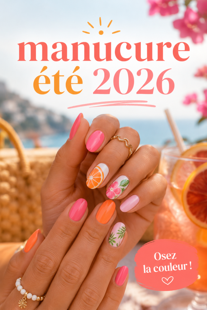 Manucure été 2026 avec des couleurs vives et motifs tendance